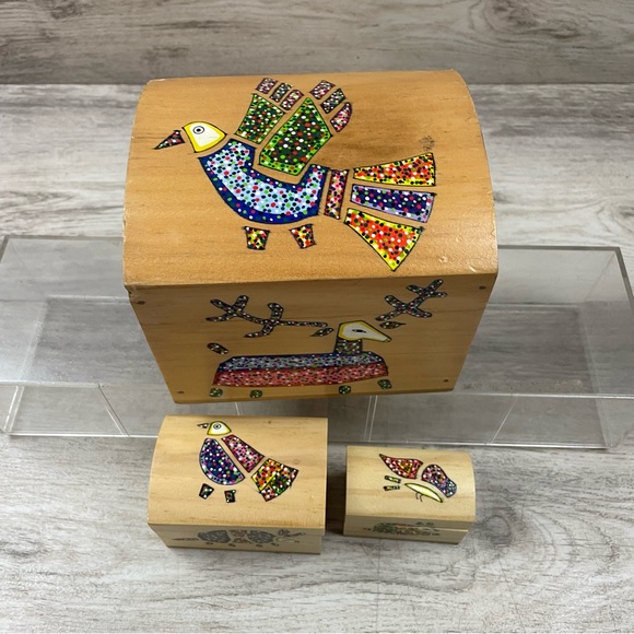 Vintage Folk Art 3 Nesting Wooden Boxes Painted El Salvador - Picture 4 of 11